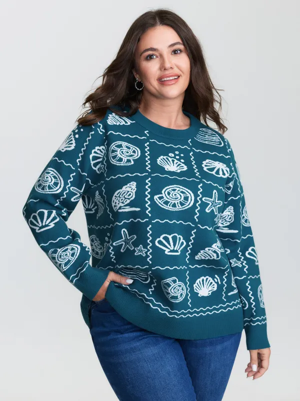 Ocean Pattern Jacquard Ribbed Hem Pullover sold by Bloomchic