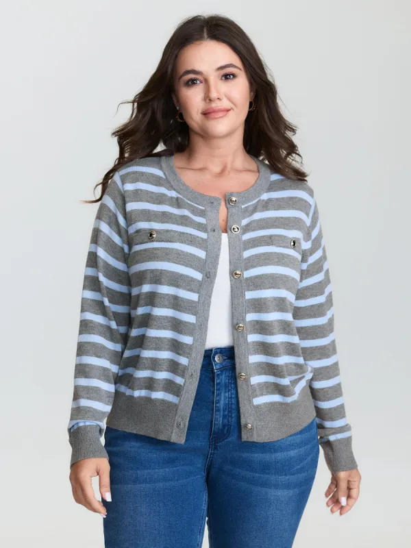 Striped Metallic Button Knit Cardigan sold by Bloomchic