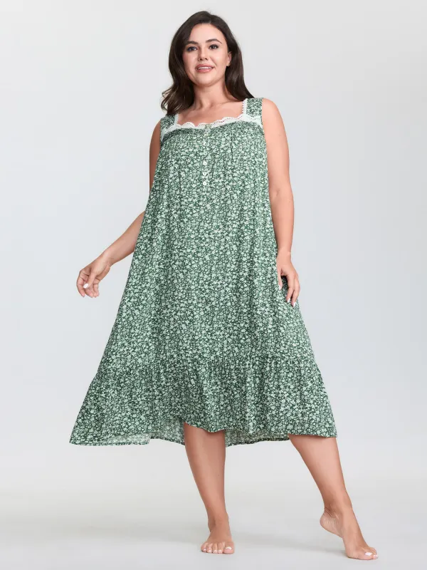 Floral Lace Trim Color Contrast Sleep Dress sold by Bloomchic