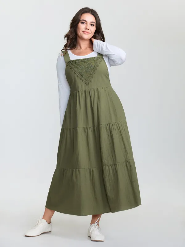 Cotton Lace Trim Pockets Midi Overall Dress sold by Bloomchic