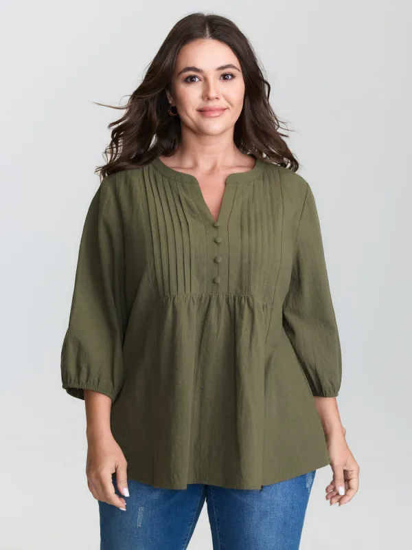 Cotton Toothpick Pleat Notched Collar Blouse sold by Bloomchic