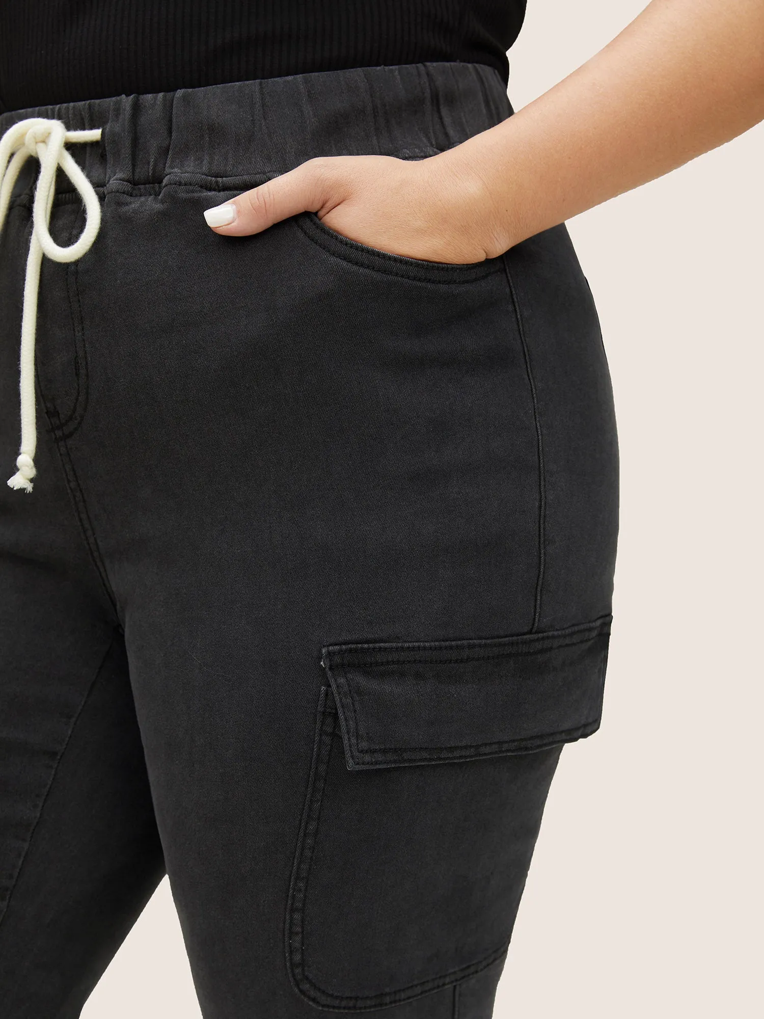 Skinny Elastic Waist Drawstring Patched Pocket Jeans sold by Bloomchic product image thumbnail 4