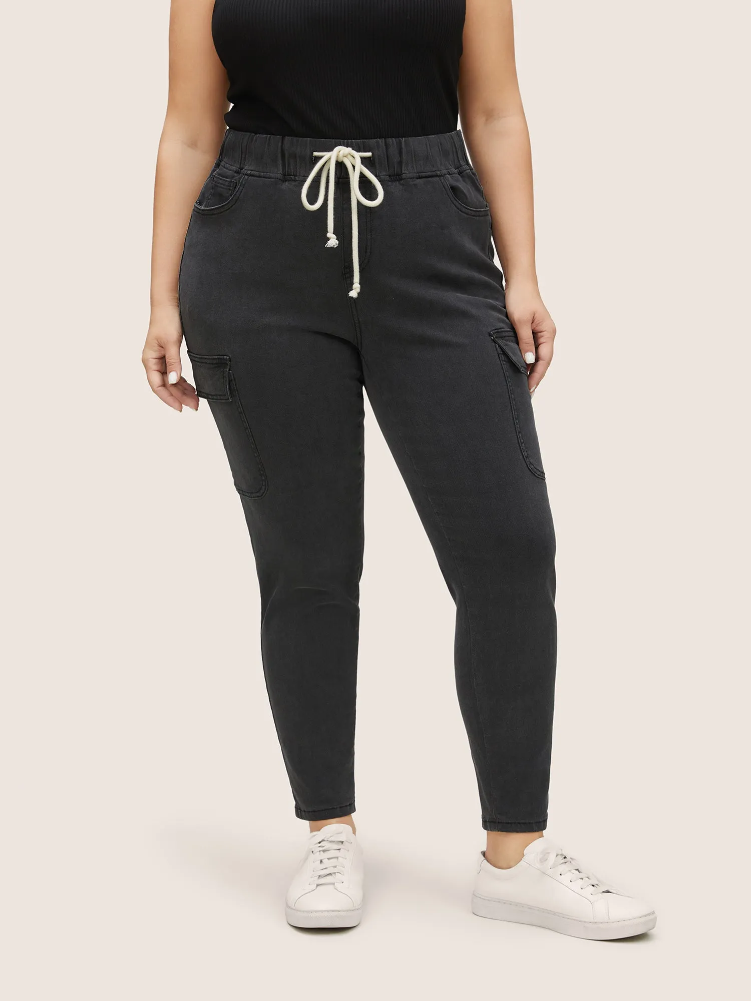 Skinny Elastic Waist Drawstring Patched Pocket Jeans sold by Bloomchic