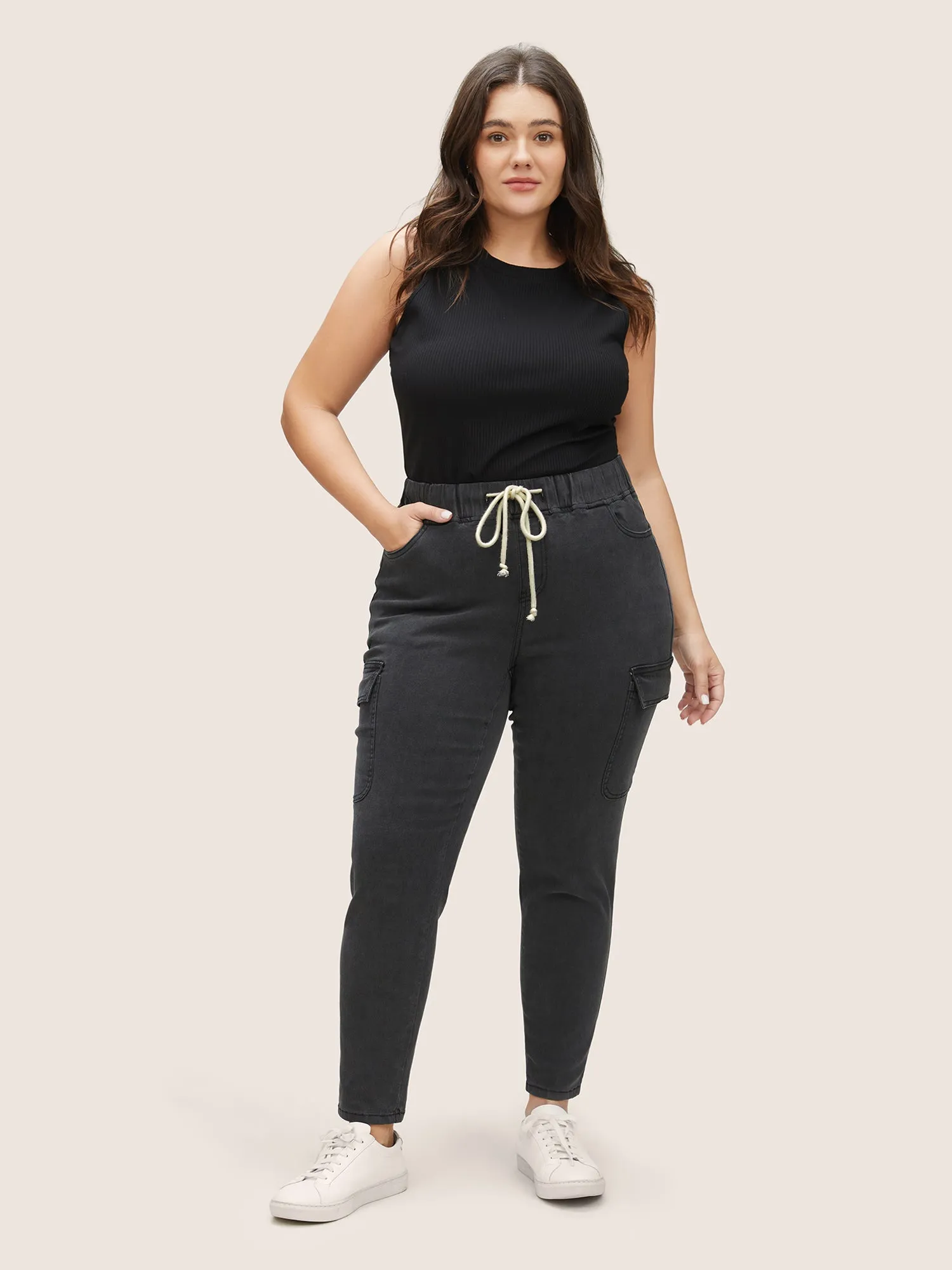 Skinny Elastic Waist Drawstring Patched Pocket Jeans sold by Bloomchic product image thumbnail 2