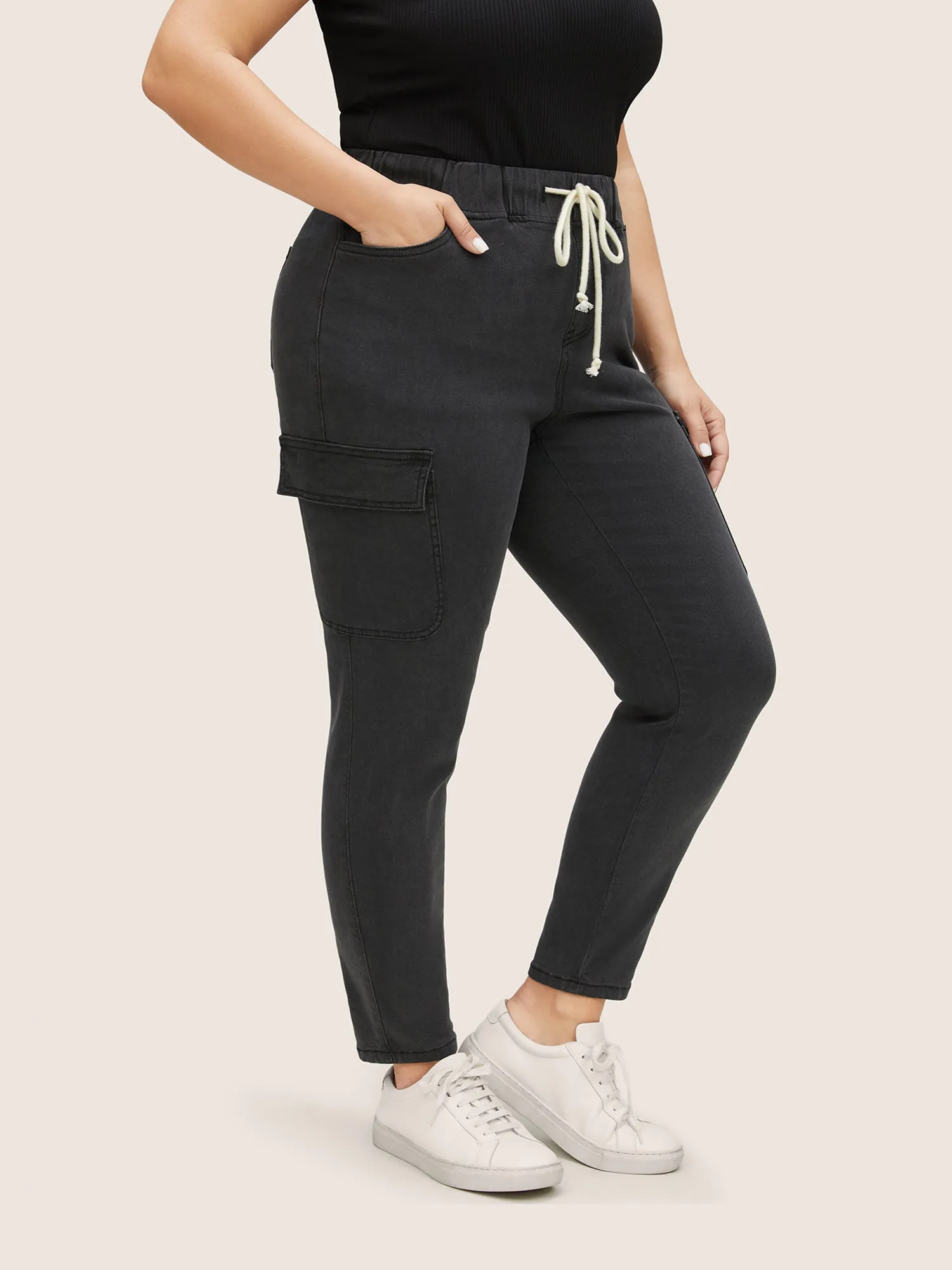 Skinny Elastic Waist Drawstring Patched Pocket Jeans sold by Bloomchic product image thumbnail 3