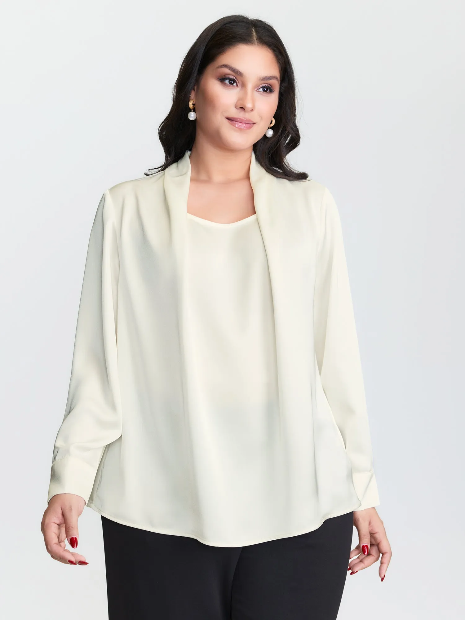 Draped Plain Satin Cuffed Blouse sold by Bloomchic
