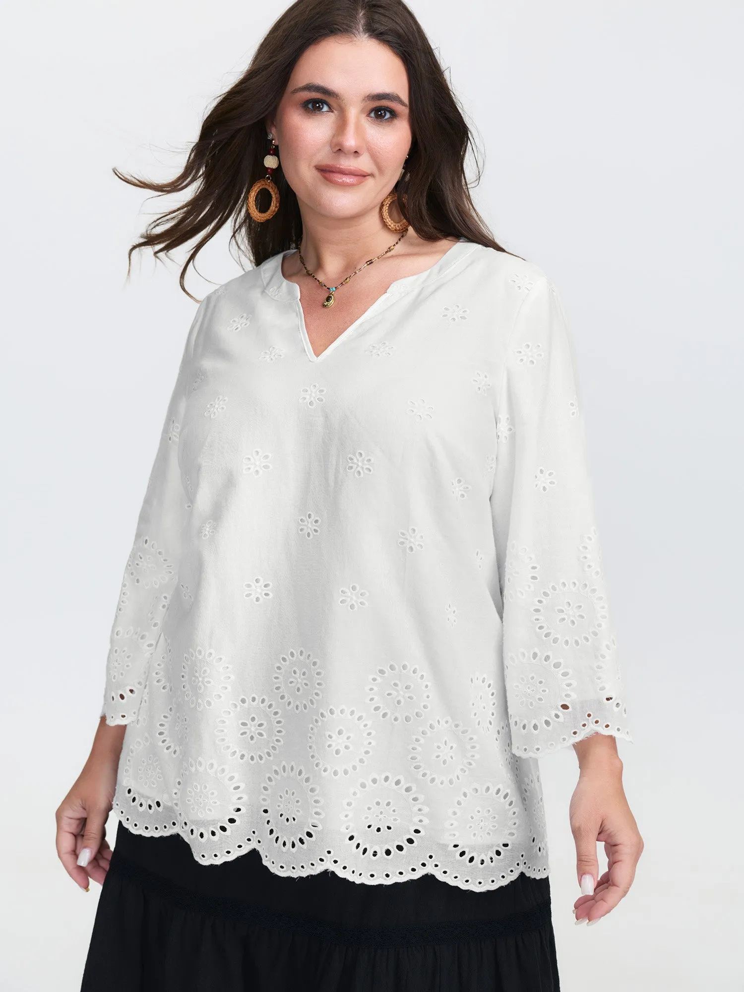 Floral Eyelet Trim Notched Collar Blouse sold by Bloomchic