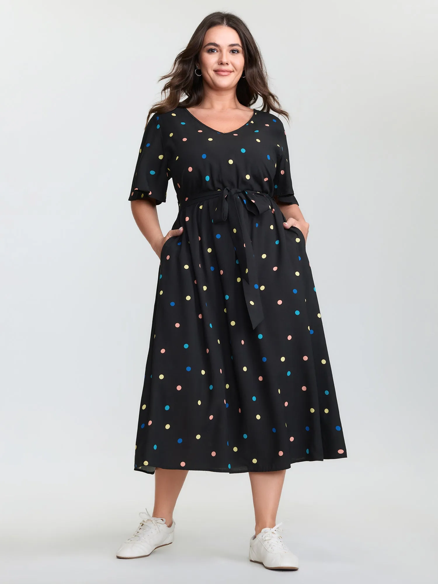 Colorful Polka Dots Belted Midi Dress sold by Bloomchic