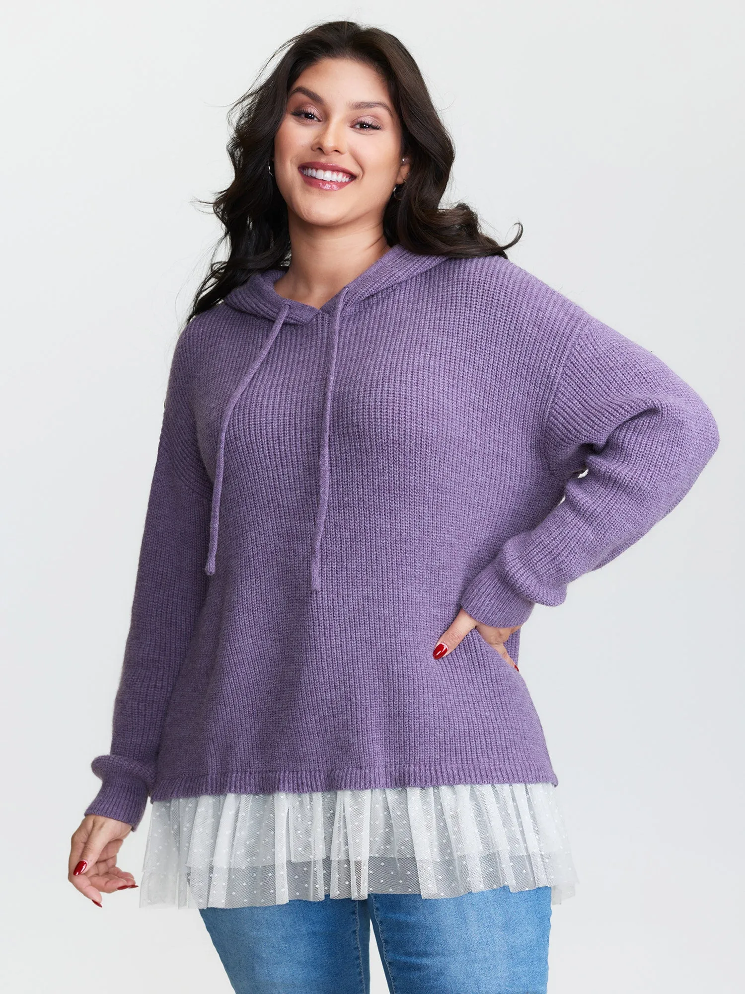 Textured Mesh Hooded Pullover sold by Bloomchic