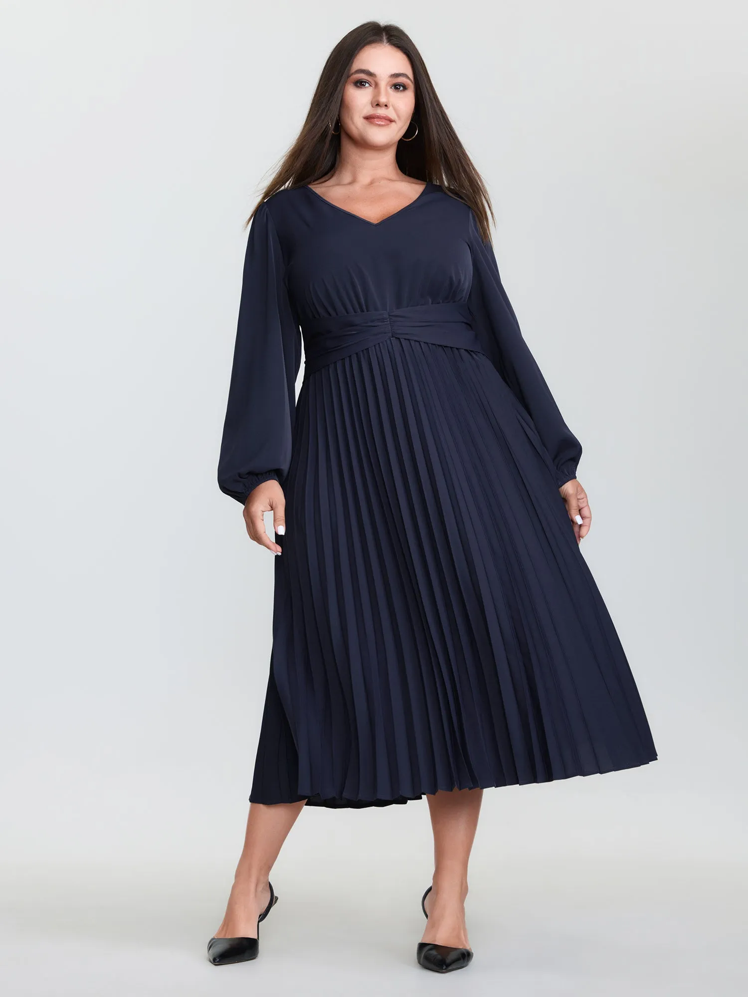 Pleated Waist V-Neck Balloon Sleeve Midi Dress sold by Bloomchic