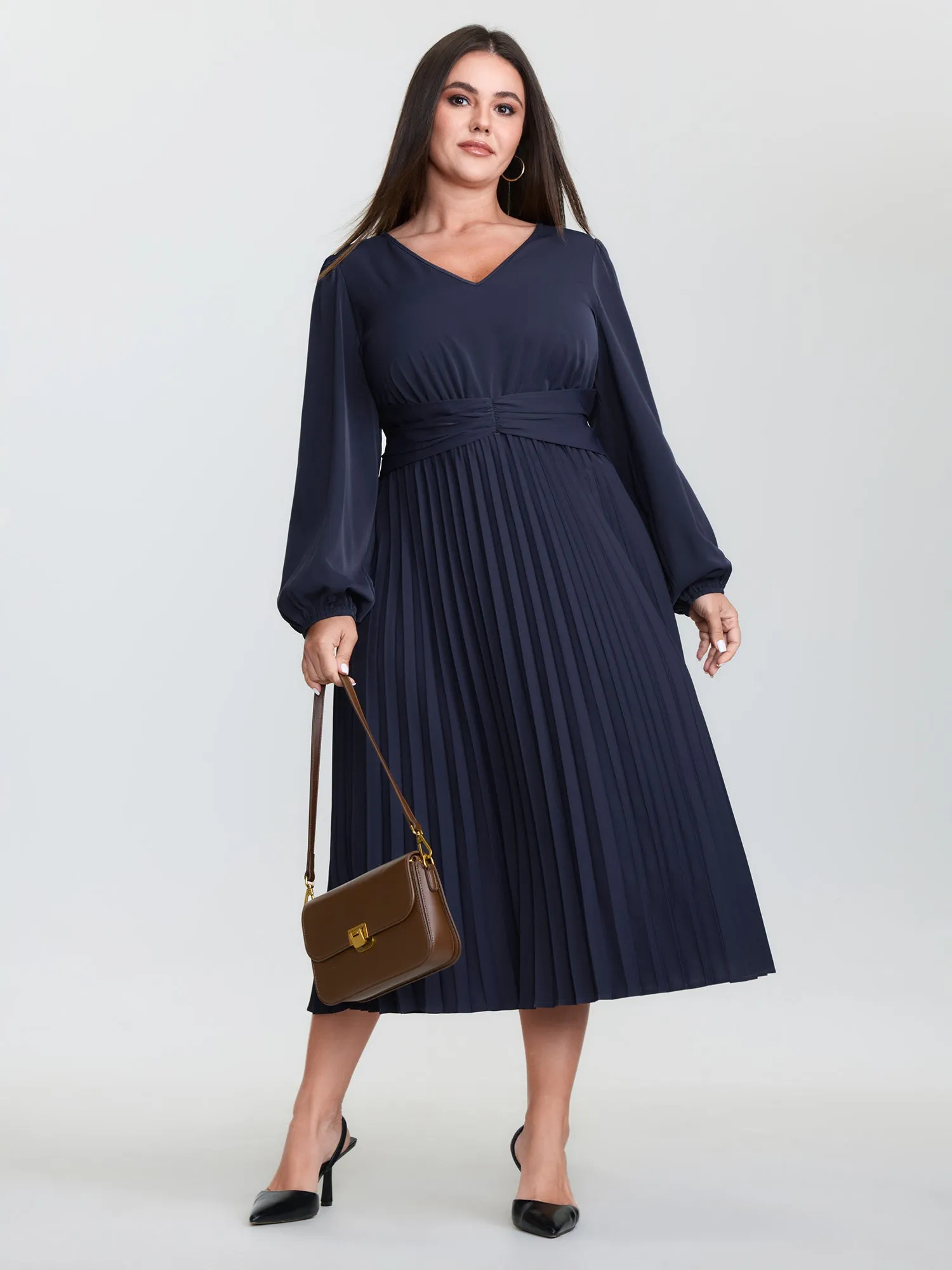 Pleated Waist V-Neck Balloon Sleeve Midi Dress sold by Bloomchic product image thumbnail 3