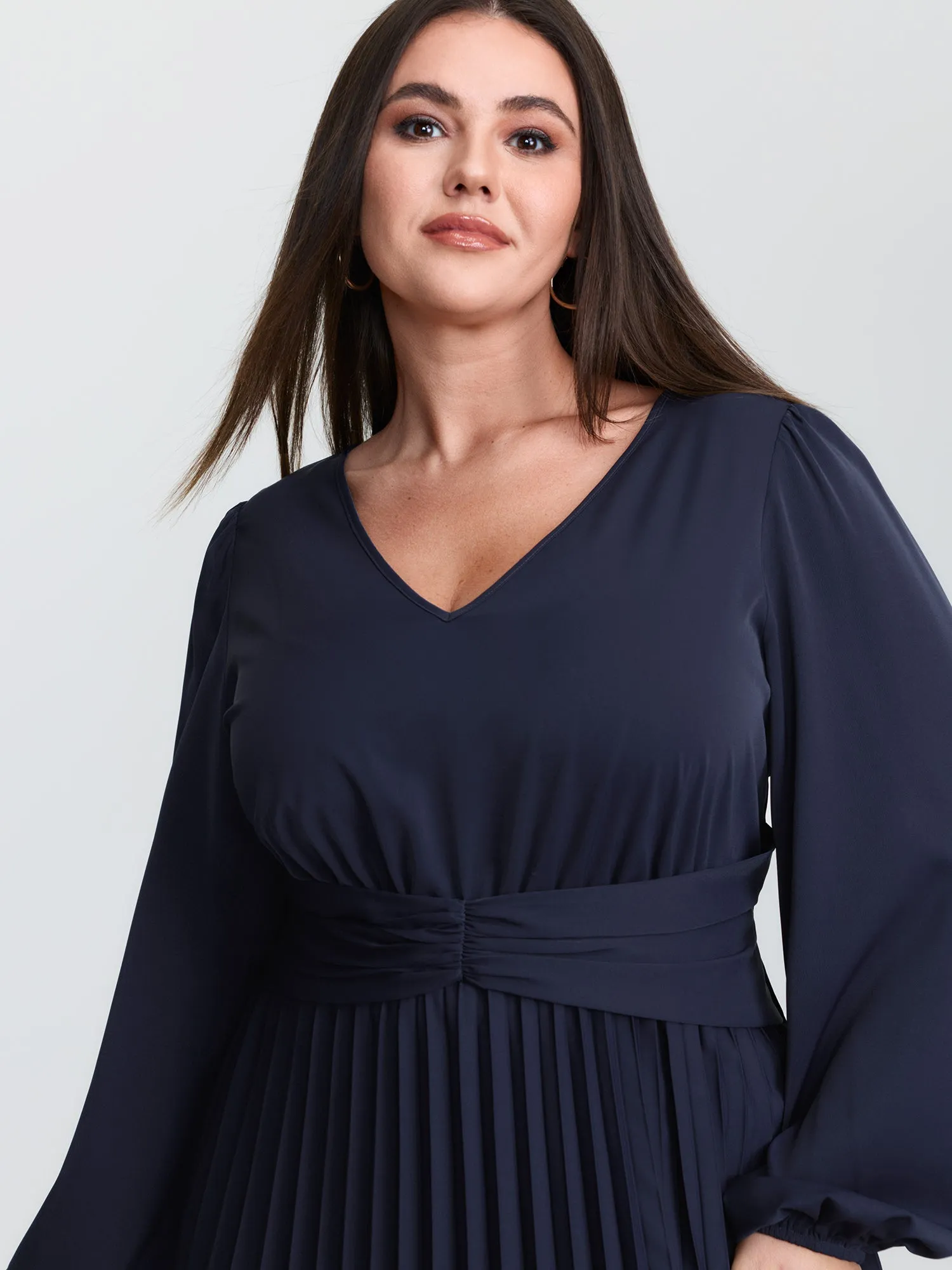 Pleated Waist V-Neck Balloon Sleeve Midi Dress sold by Bloomchic product image thumbnail 2