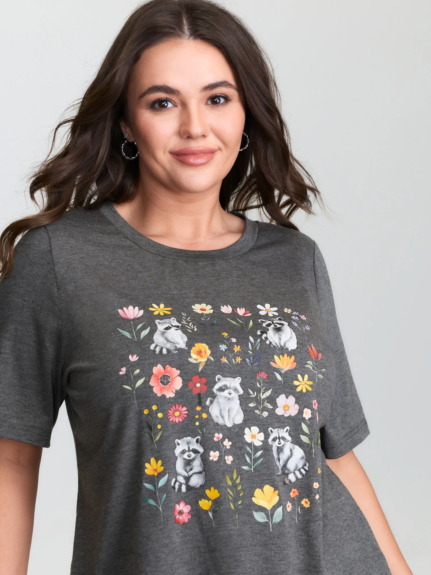 Floral Print Stretchy Round Neck T-Shirt sold by Bloomchic