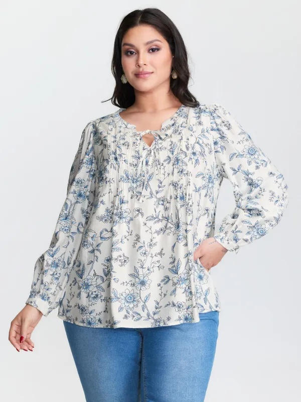 Floral Print Neckline Tie Blouse sold by Bloomchic