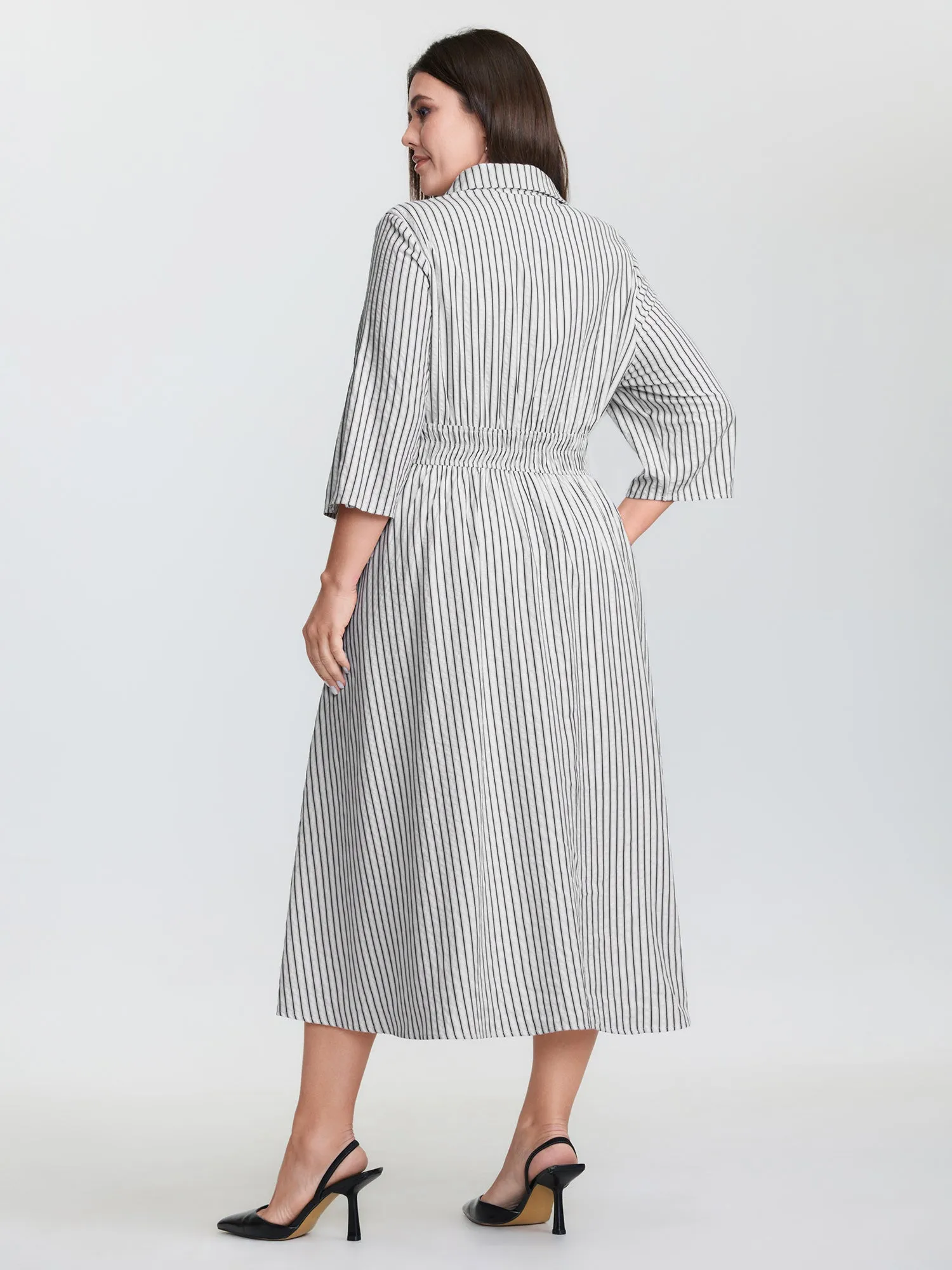 Striped Tab Sleeve Double Belt Midi Shirt Dress sold by Bloomchic product image thumbnail 4