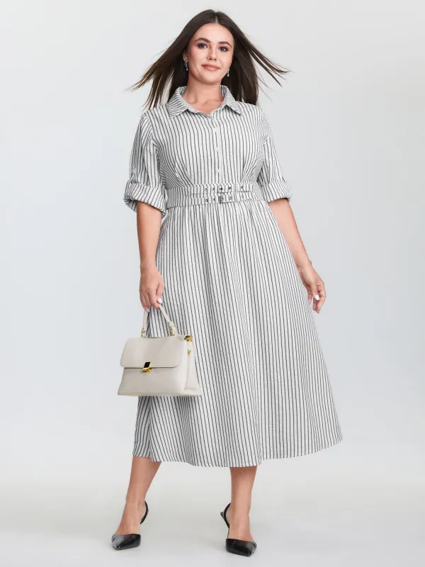 Striped Tab Sleeve Double Belt Midi Shirt Dress sold by Bloomchic