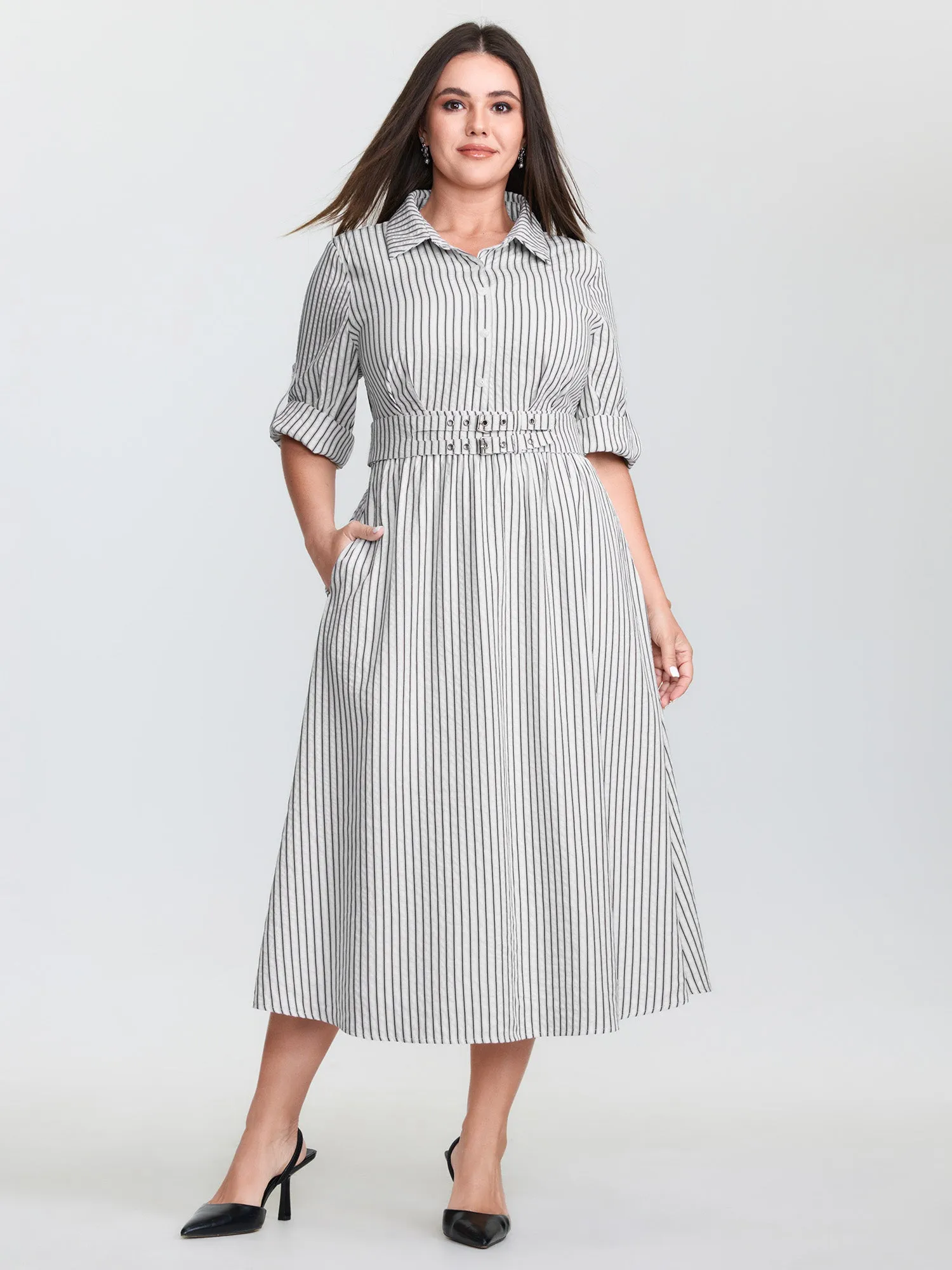 Striped Tab Sleeve Double Belt Midi Shirt Dress sold by Bloomchic product image thumbnail 3