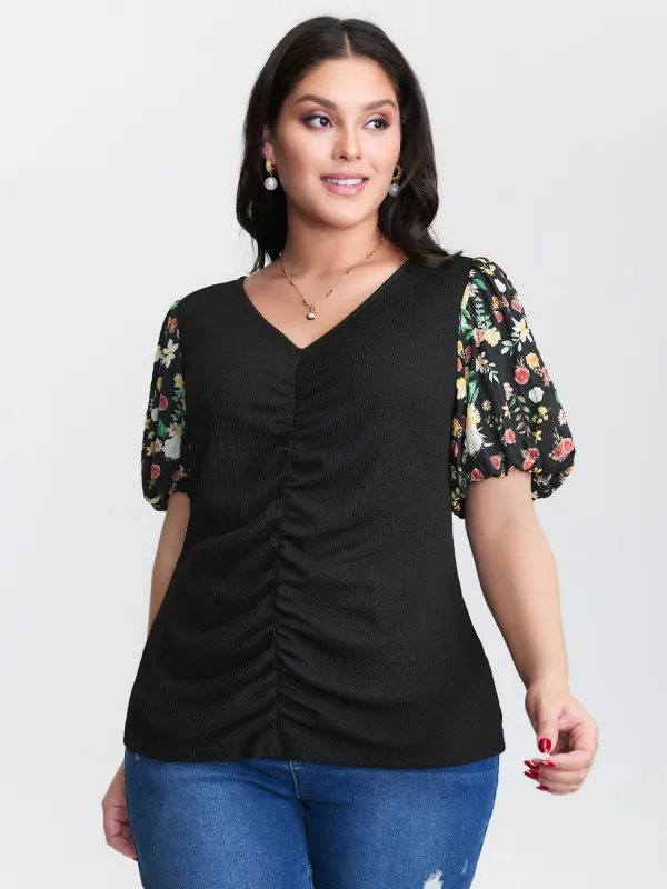 Colorful Floral Print Ruched T-Shirt sold by Bloomchic