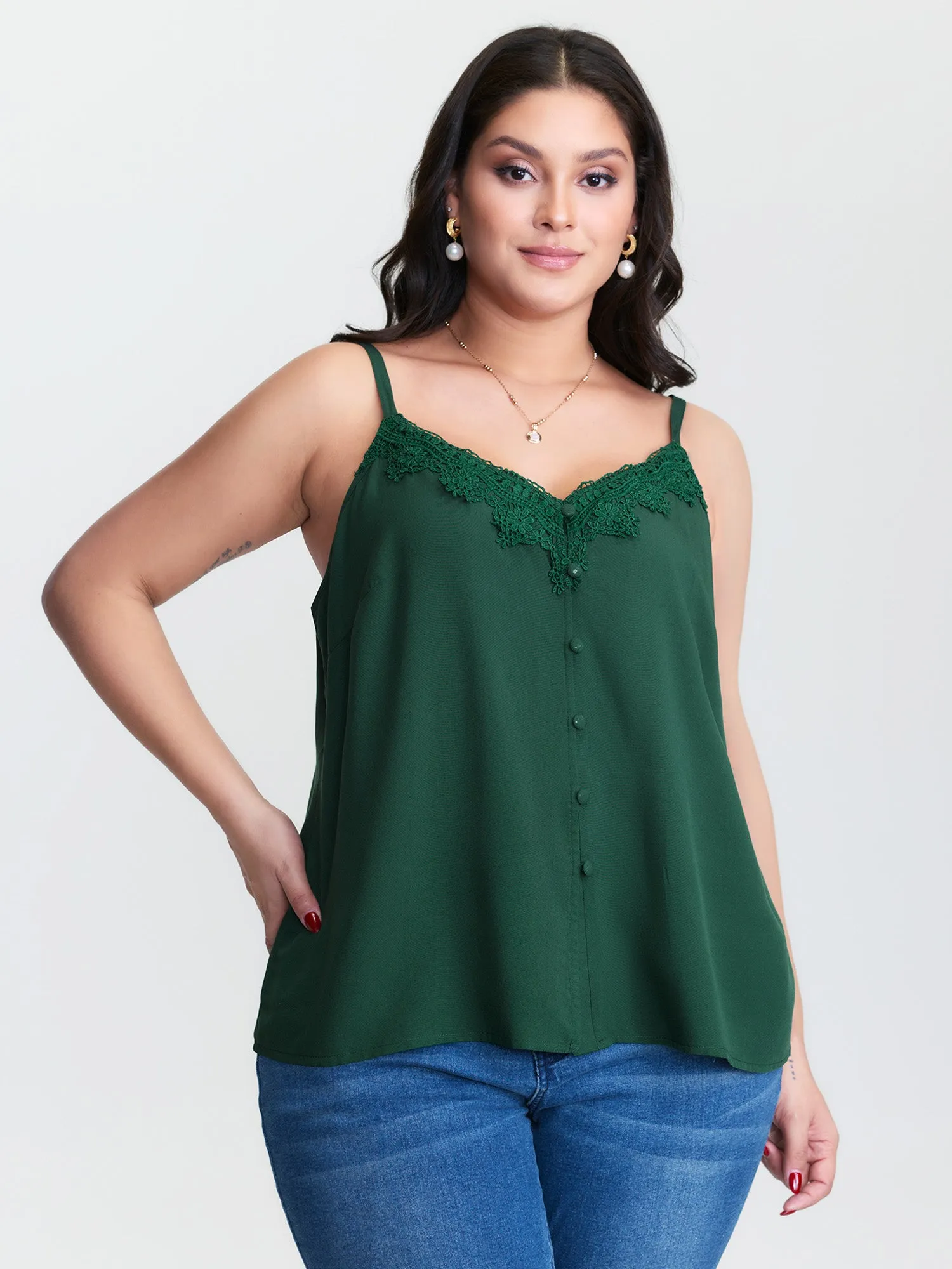 Lace Trim Adjustable Button Detail Tank Top sold by Bloomchic