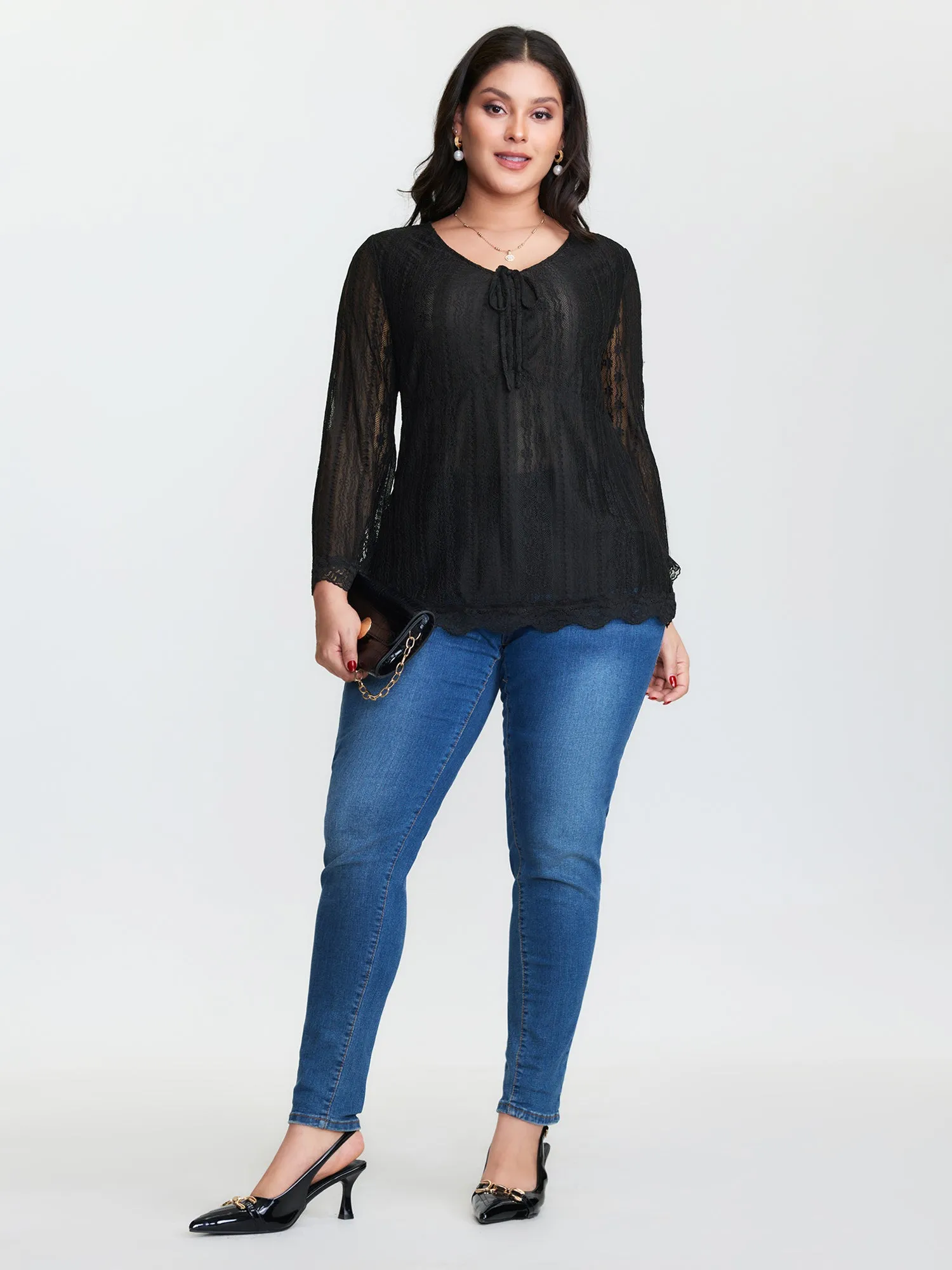 Lace Ruched Drawstring Neckline Knit Top sold by Bloomchic product image thumbnail 2