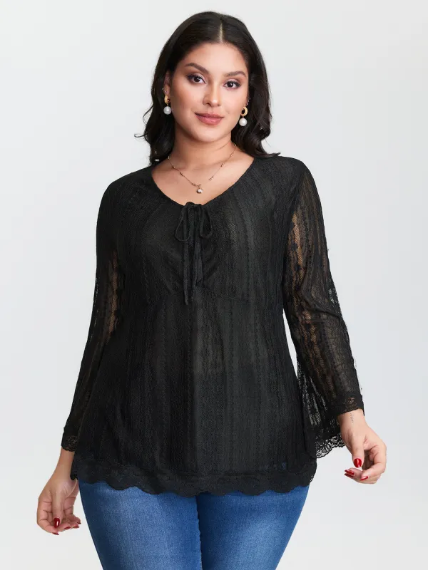 Lace Ruched Drawstring Neckline Knit Top sold by Bloomchic