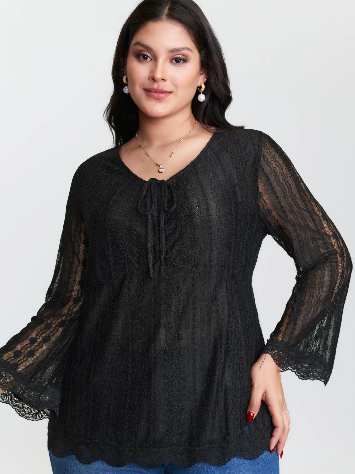 Lace Ruched Drawstring Neckline Knit Top sold by Bloomchic product image thumbnail 3