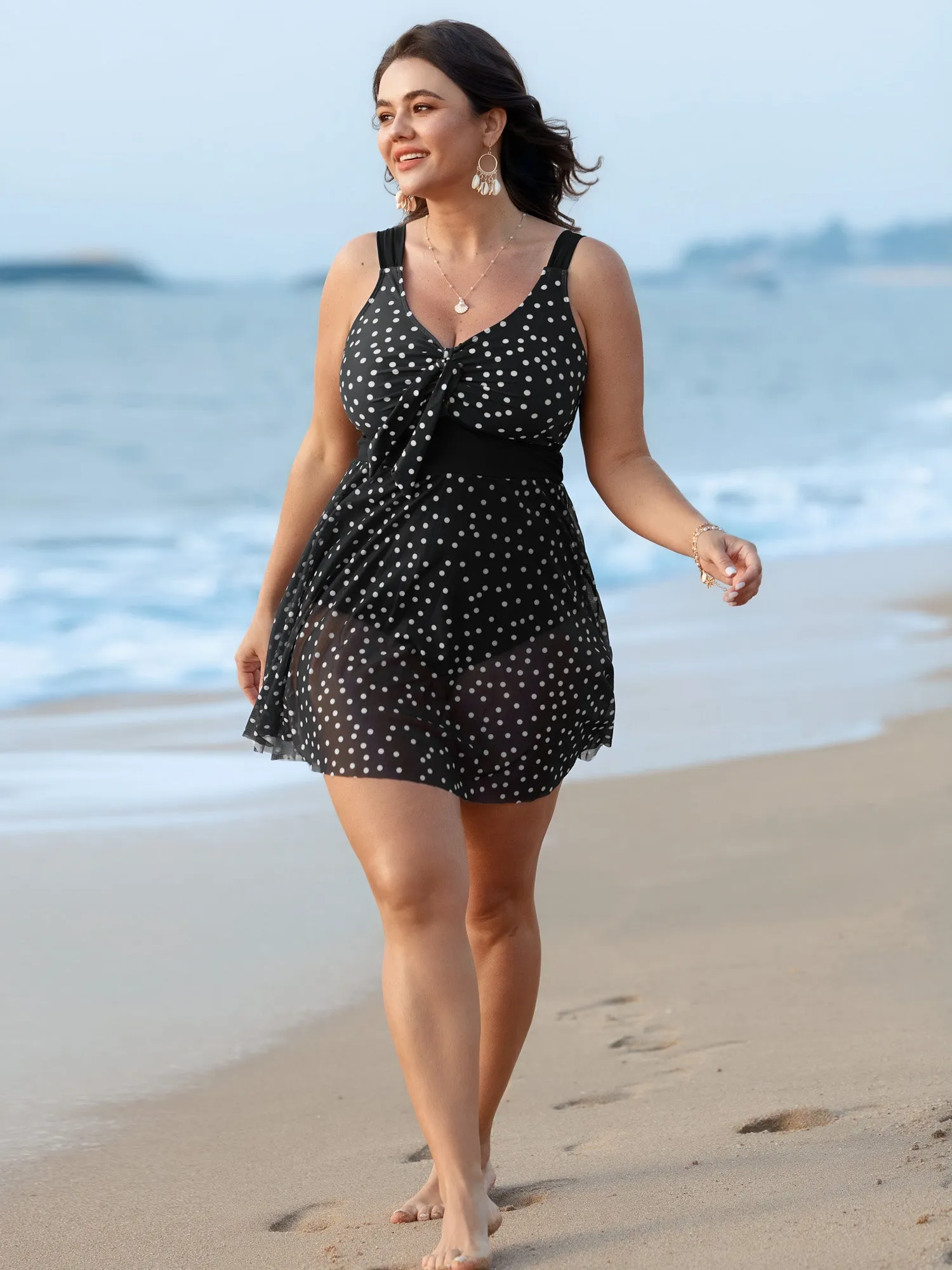 Polka Dots Mesh Neckline Tie Swim Dress sold by Bloomchic product image thumbnail 4