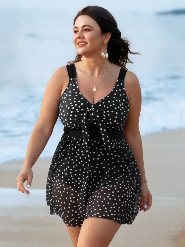 Polka Dots Mesh Neckline Tie Swim Dress sold by Bloomchic