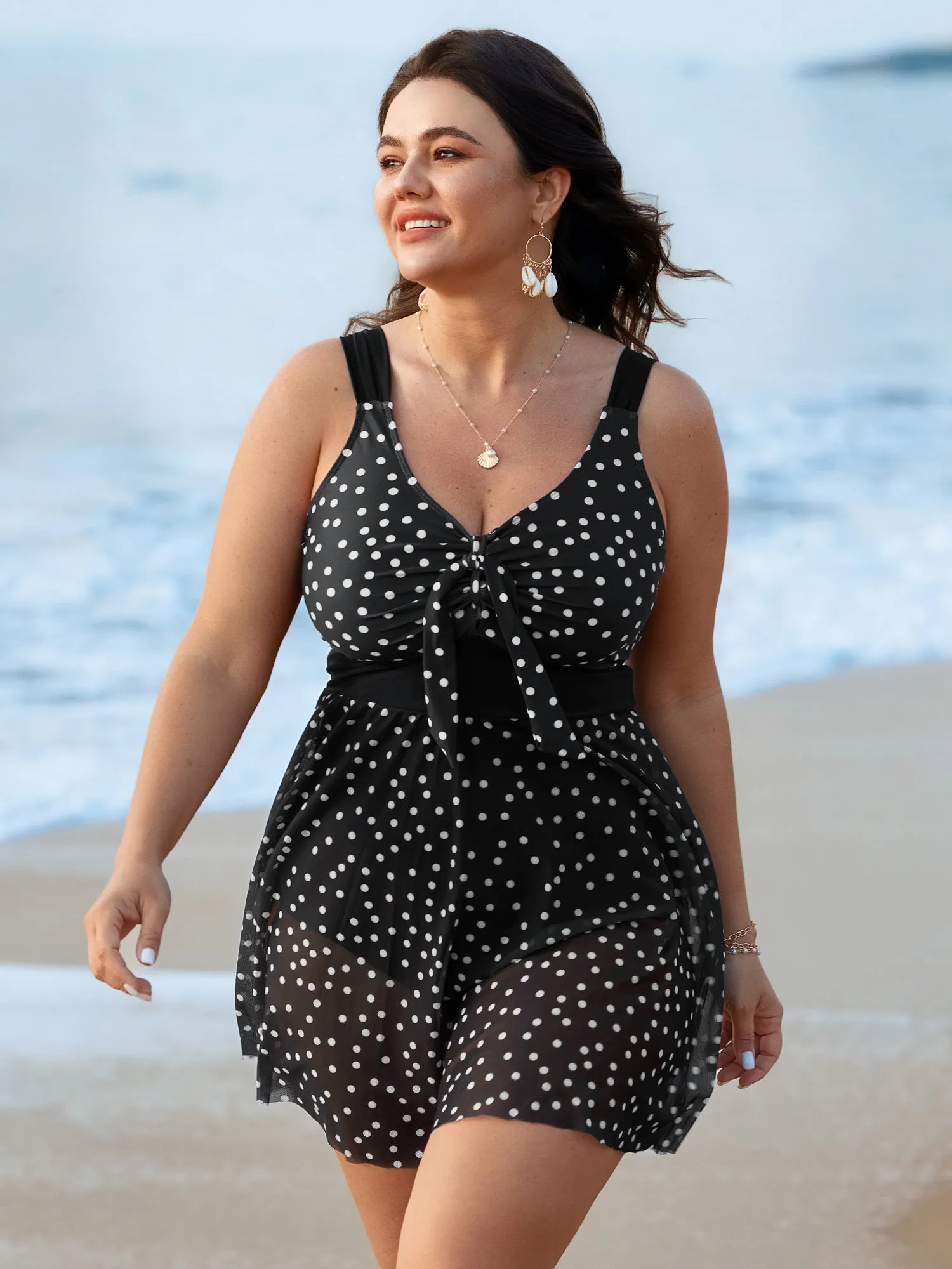 Polka Dots Mesh Neckline Tie Swim Dress sold by Bloomchic