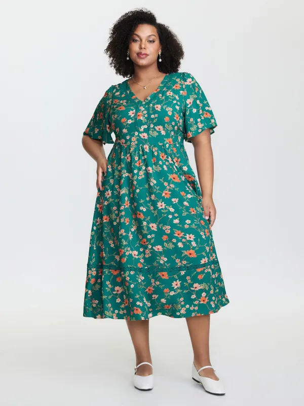 Floral Fun Lace Trim Shirred Midi Dress sold by Bloomchic