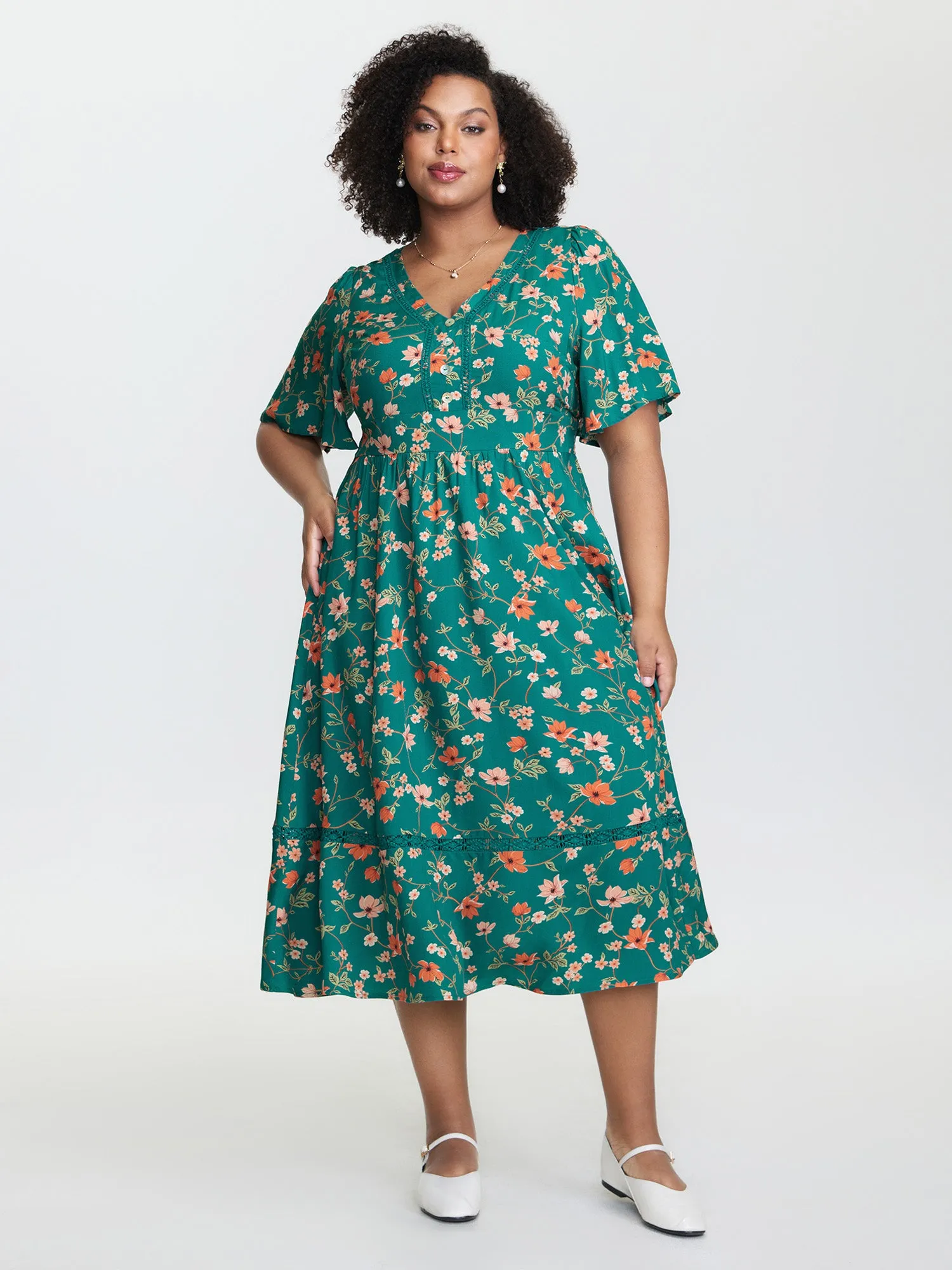 Floral Fun Lace Trim Shirred Midi Dress sold by Bloomchic
