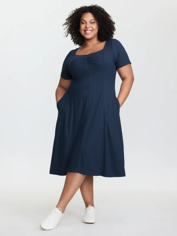 Ruched Bust-Friendly Square Neckline Midi Dress sold by Bloomchic