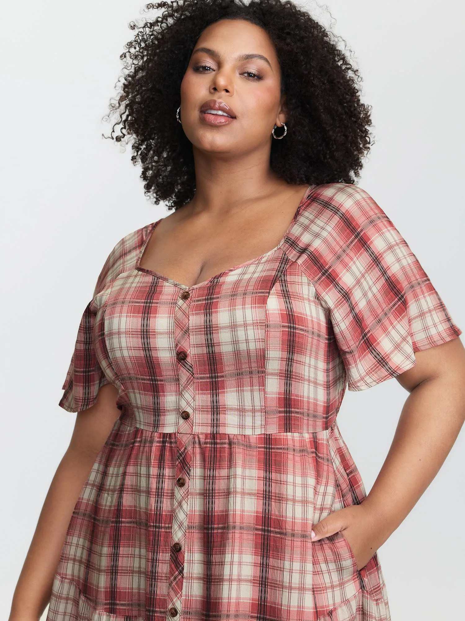 Plaid Flutter Sleeve Button Tiered Midi Dress sold by Bloomchic product image thumbnail 2
