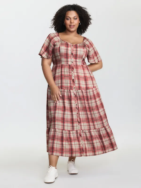 Plaid Flutter Sleeve Button Tiered Midi Dress sold by Bloomchic
