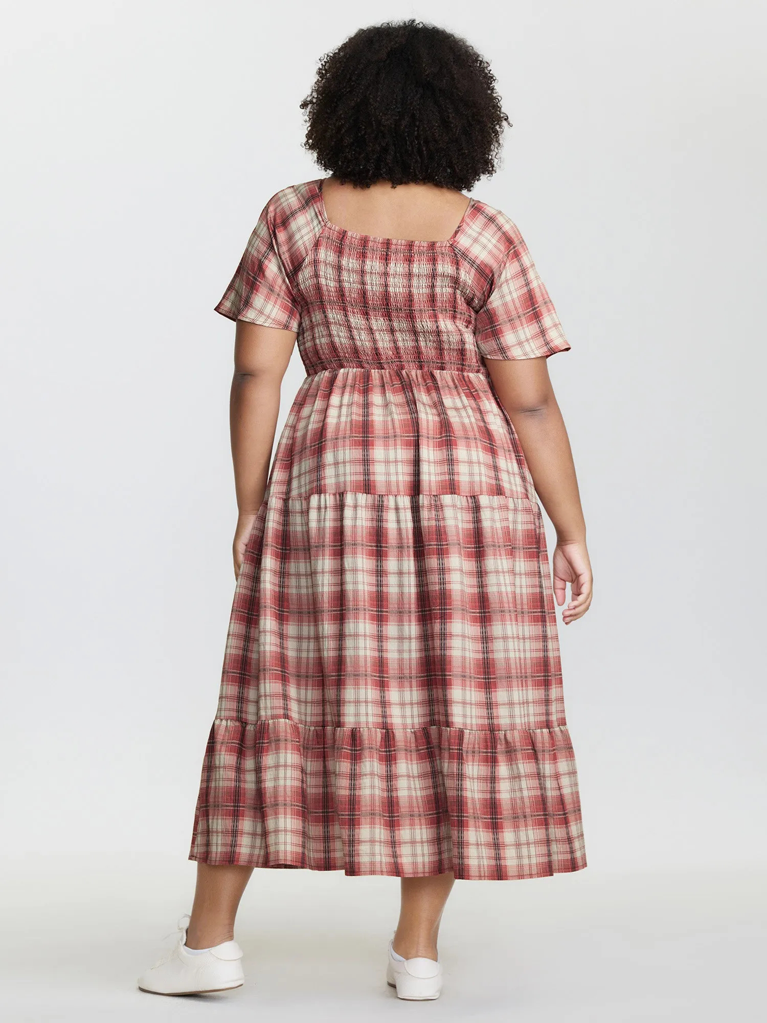 Plaid Flutter Sleeve Button Tiered Midi Dress sold by Bloomchic product image thumbnail 4