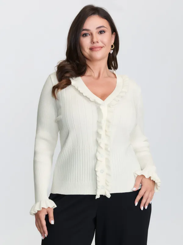 Ruffled Placket Striped Texture Knit Cardigan sold by Bloomchic