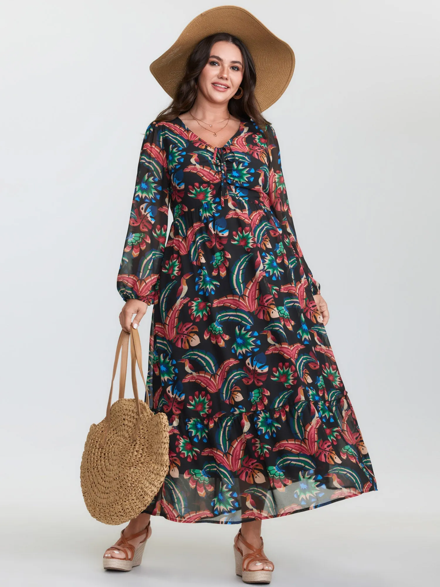 Bright Tropical Floral Print Drawstring Maxi Dress sold by Bloomchic