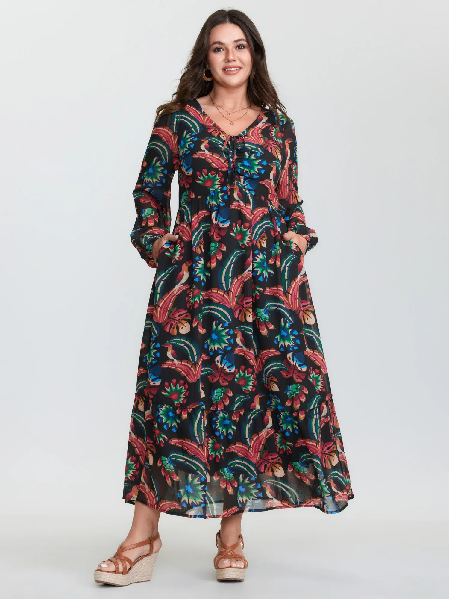 Bright Tropical Floral Print Drawstring Maxi Dress sold by Bloomchic product image thumbnail 3