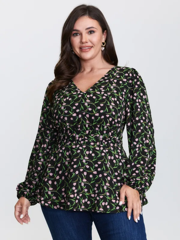 Tulip Print Cinched Flared Blouse sold by Bloomchic