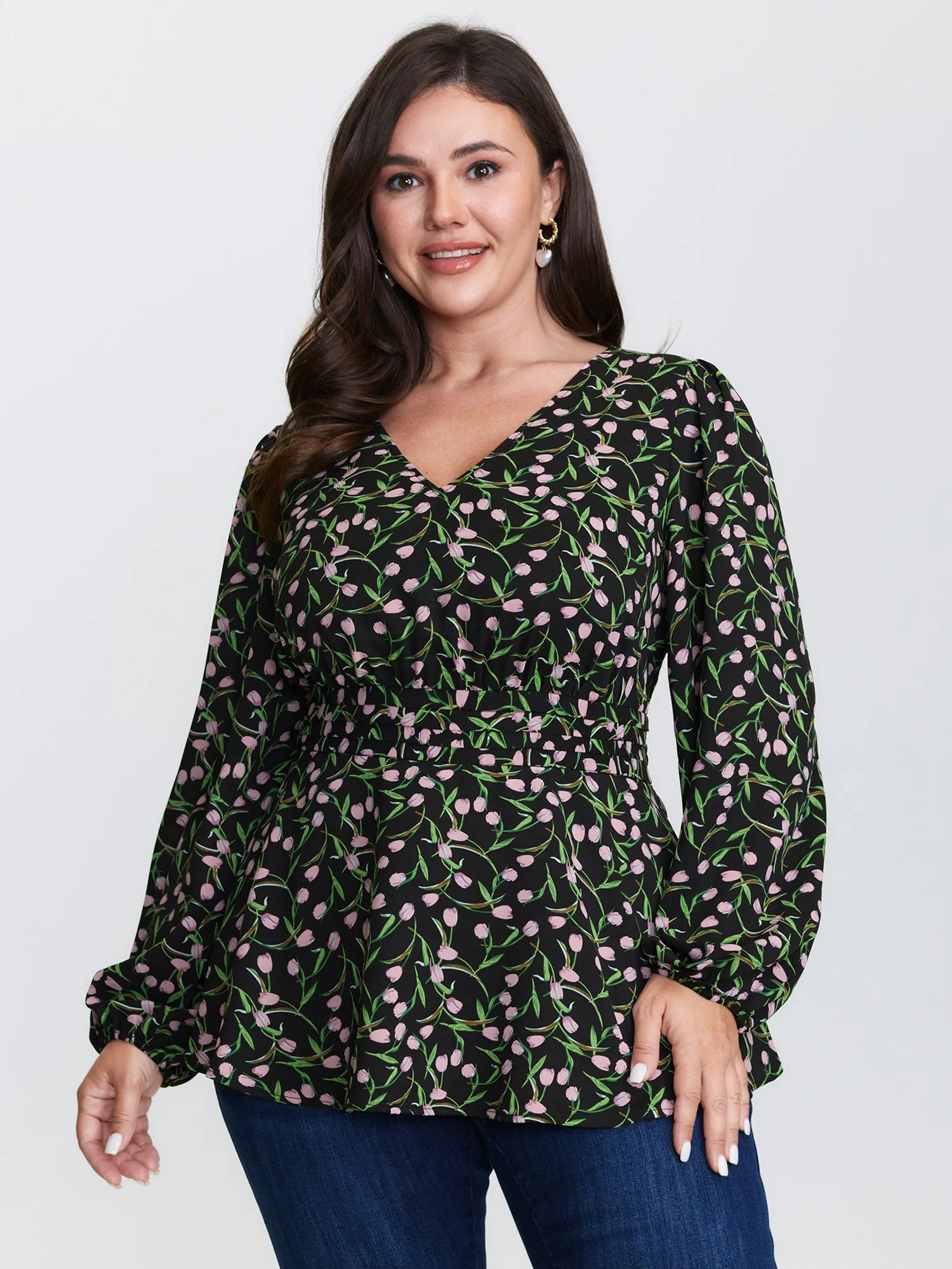 Tulip Print Cinched Flared Blouse sold by Bloomchic