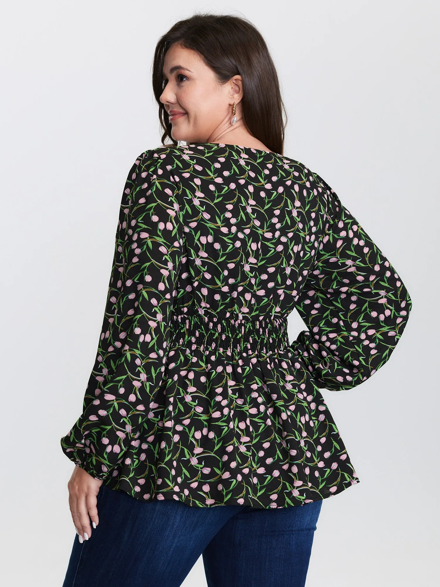 Tulip Print Cinched Flared Blouse sold by Bloomchic product image thumbnail 4