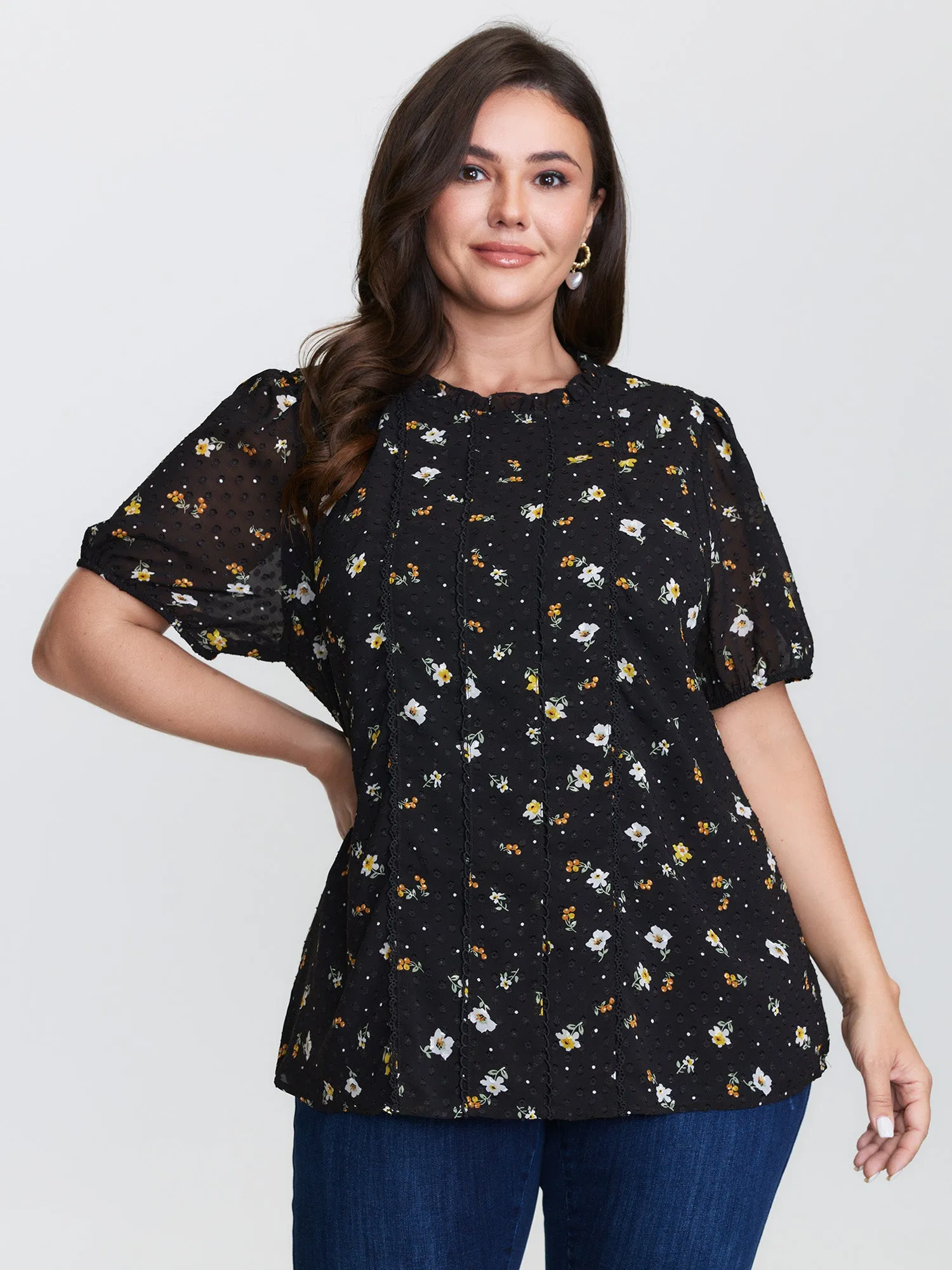 Chiffon Lace Trim Mock Neck Blouse sold by Bloomchic product image thumbnail 2