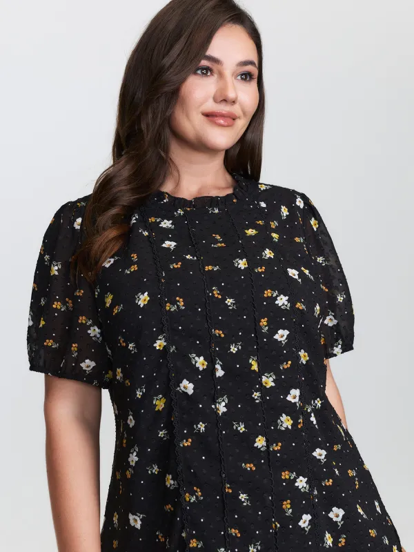 Chiffon Lace Trim Mock Neck Blouse sold by Bloomchic