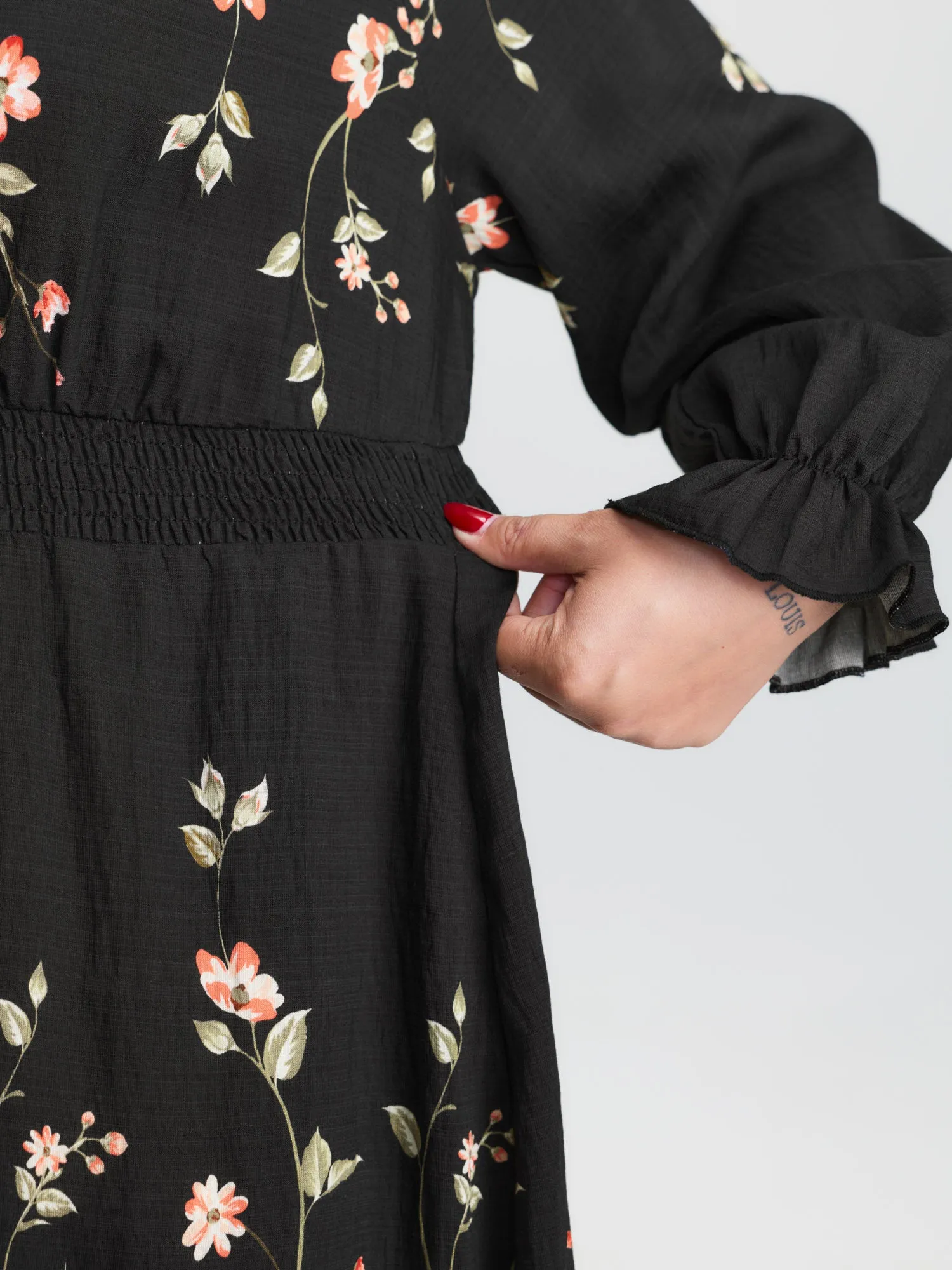 Floral Shirred Waist Neck-Tie Midi Dress sold by Bloomchic product image thumbnail 5