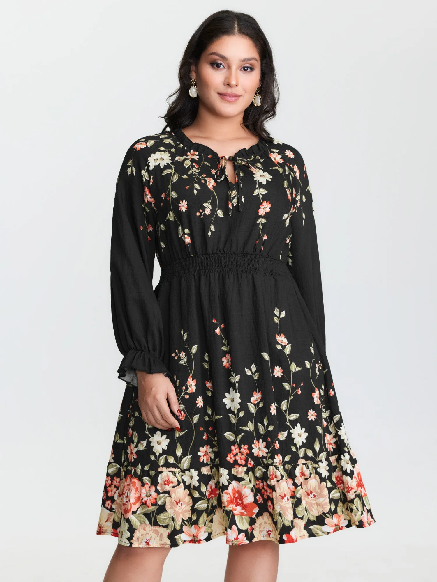 Floral Shirred Waist Neck-Tie Midi Dress sold by Bloomchic product image thumbnail 2