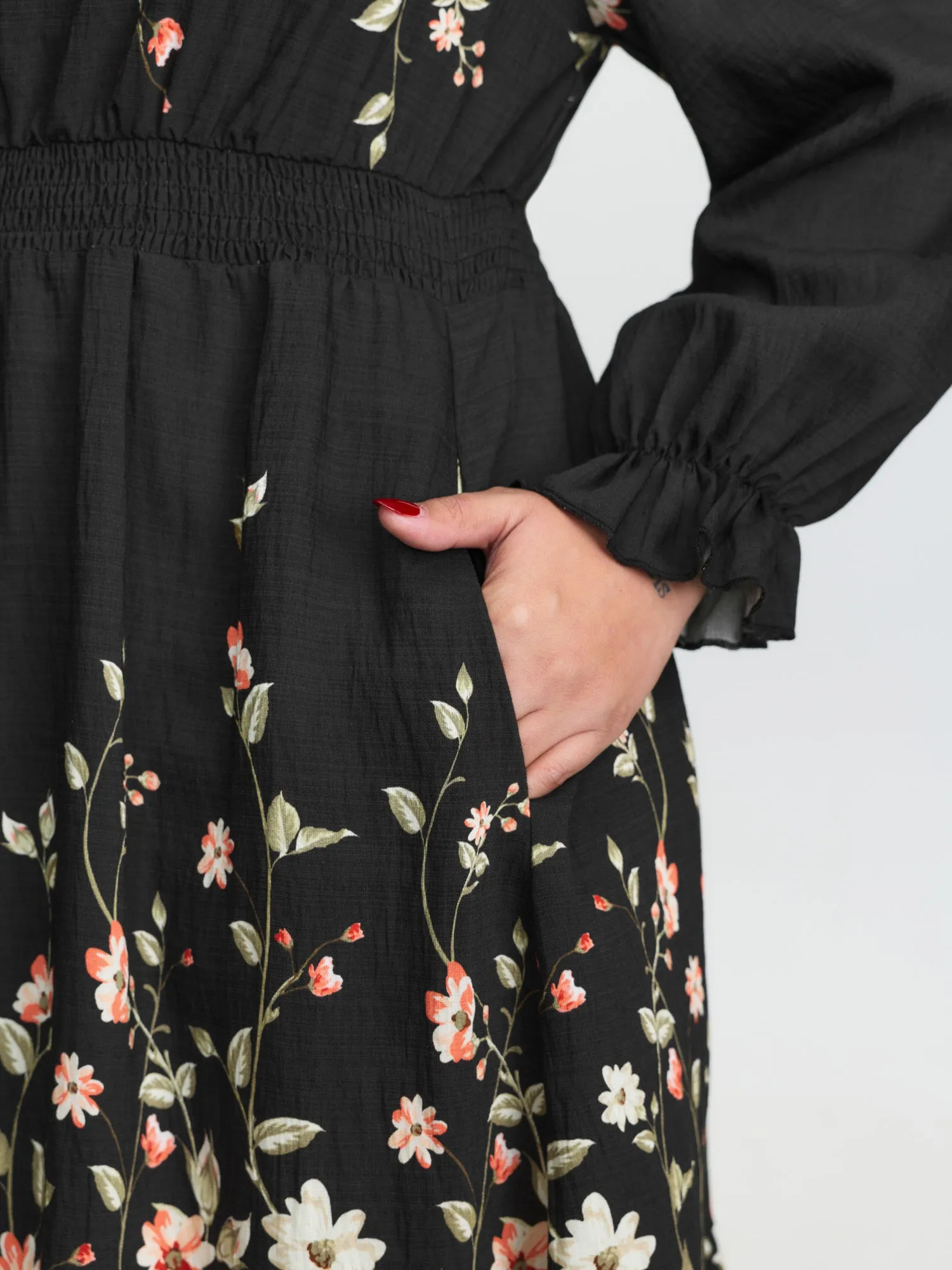 Floral Shirred Waist Neck-Tie Midi Dress sold by Bloomchic product image thumbnail 4