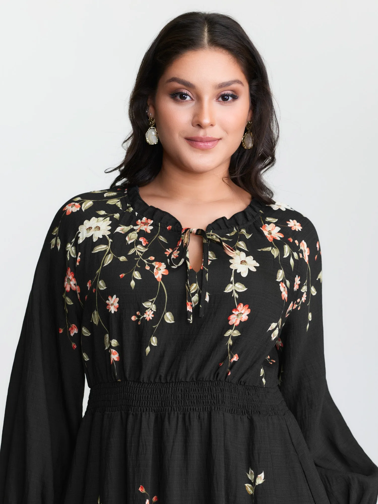 Floral Shirred Waist Neck-Tie Midi Dress sold by Bloomchic product image thumbnail 3