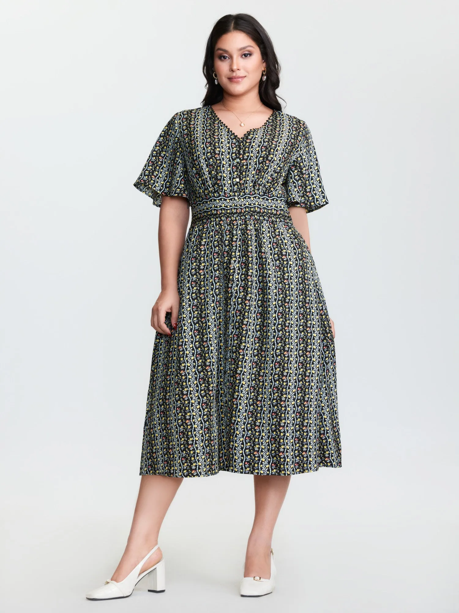 Retro Floral Striped Shirred Waist Midi Dress sold by Bloomchic