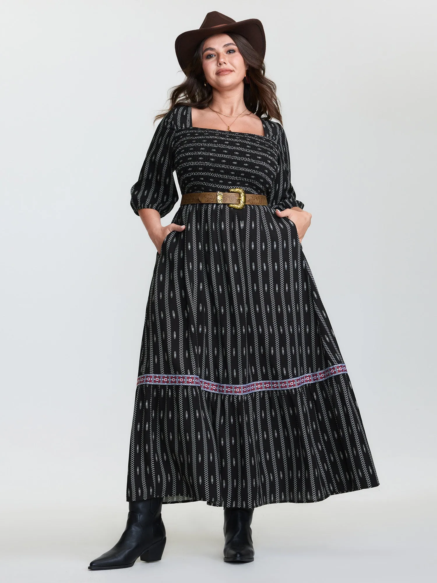 Geometric Print Shirred Square Neck Maxi Dress sold by Bloomchic