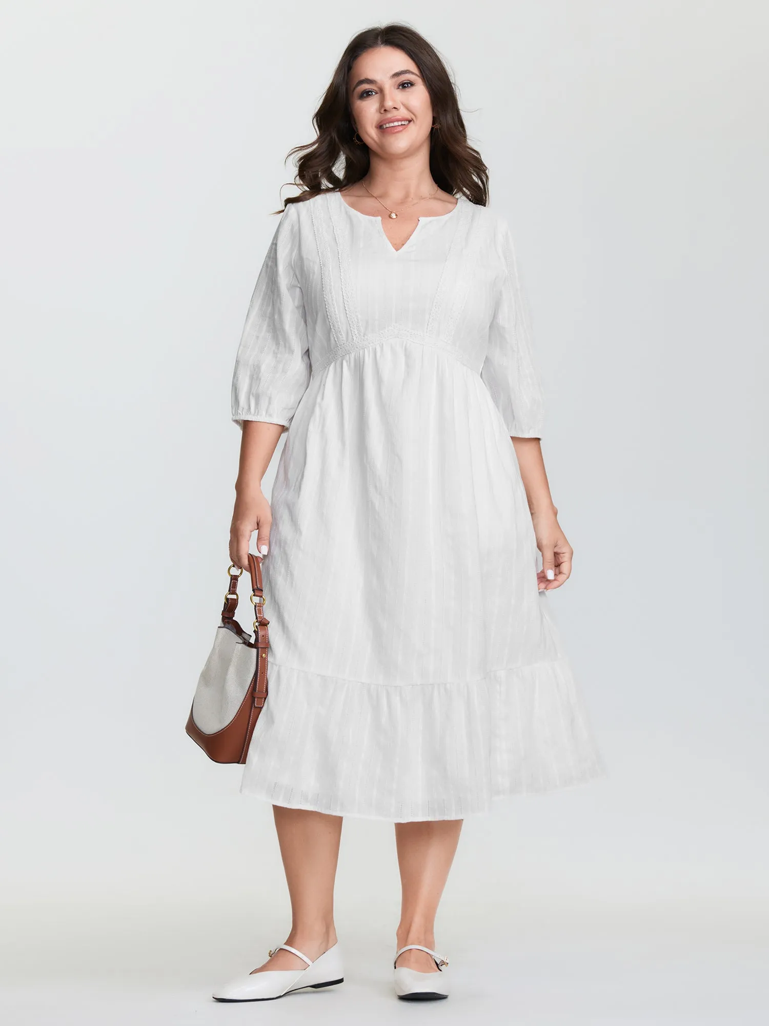 Lace Trim Tiered Textured Midi Dress sold by Bloomchic